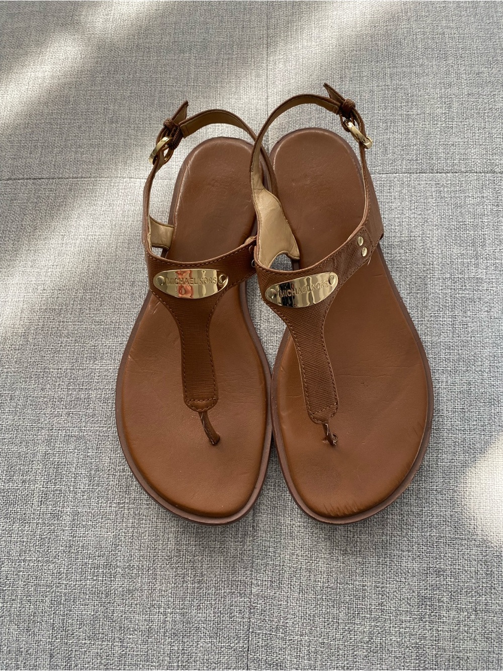 Michael Kors Cognac Leather T-Strap Sandals with Gold Accent